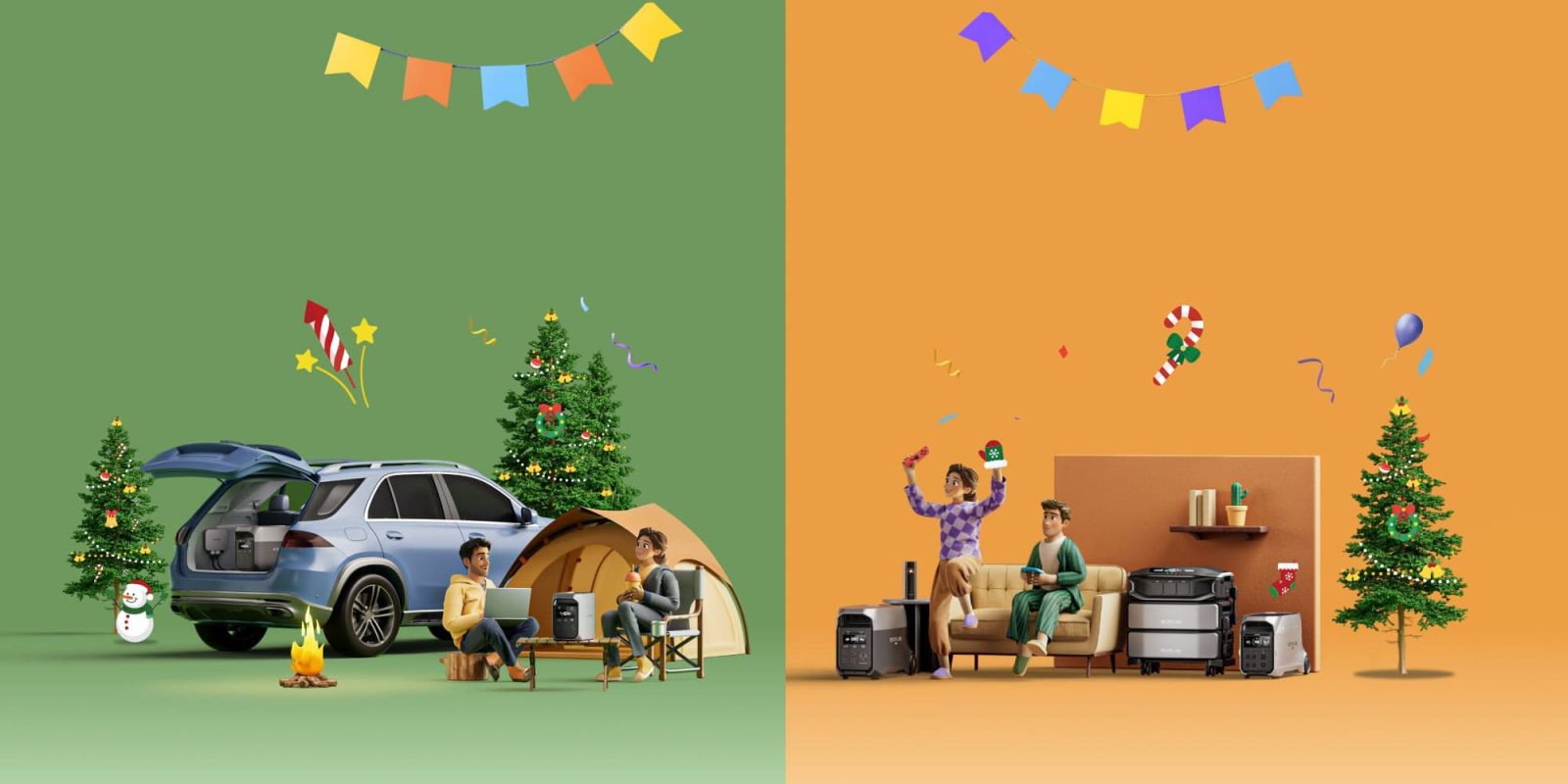 A cartoon of people sitting on a couch and a car with a tent and a tree