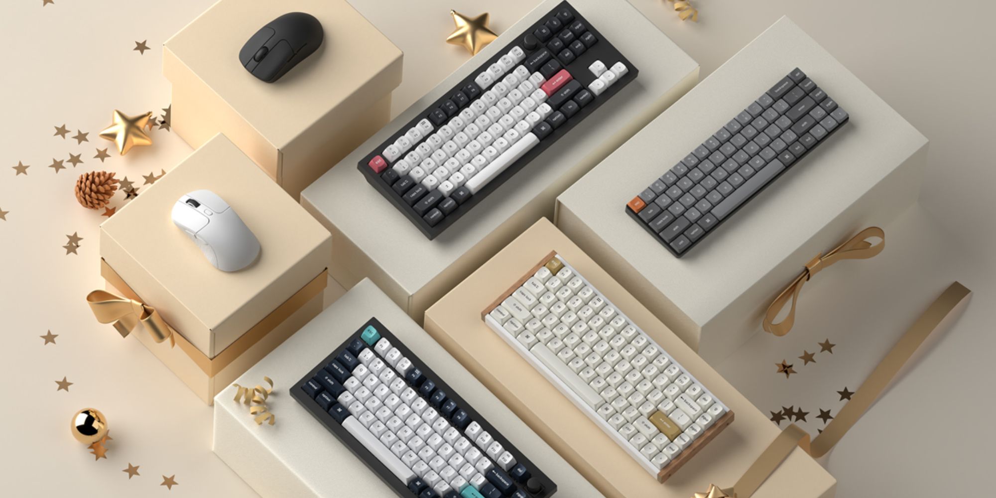 A group of keyboard and mouse on boxes