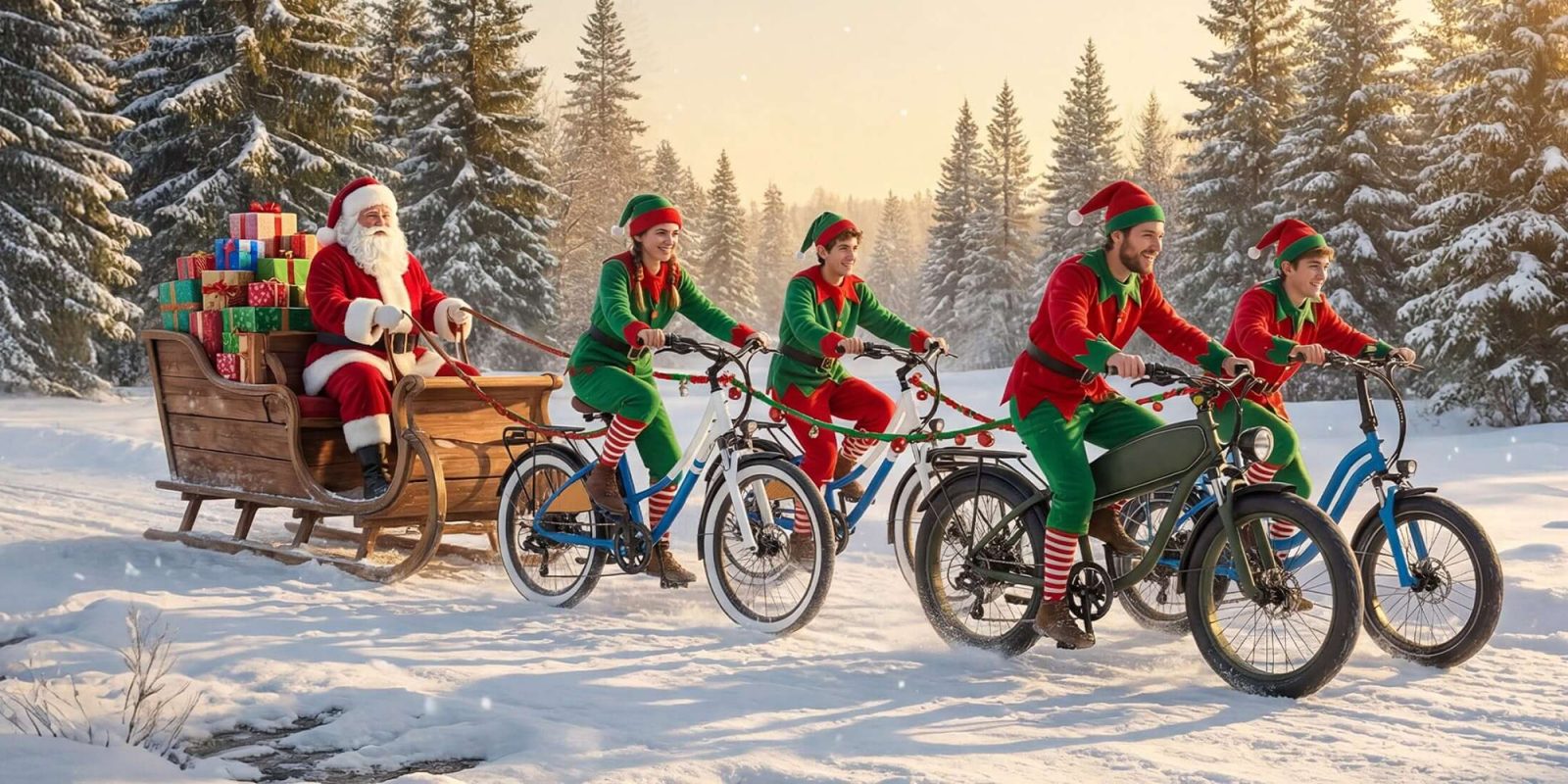 A group of people in elf clothing riding bicycles in snow