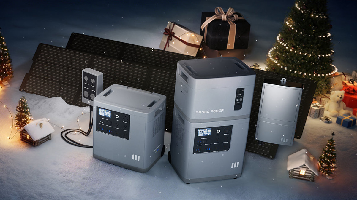 A group of grey electronic devices with presents and a tree in the background