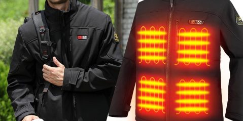 A man wearing a jacket with a heater on it