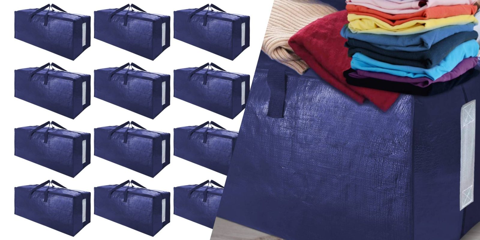 A blue bag with a stack of clothes
