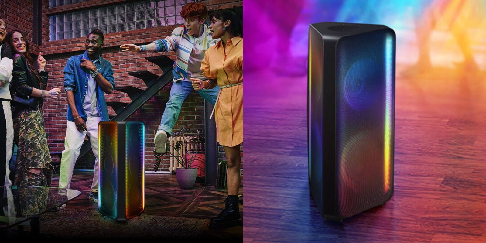 A man and woman standing on stairs and a speaker