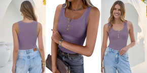 A collage of a woman wearing a purple tank top