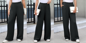 A collage of a woman wearing black pants