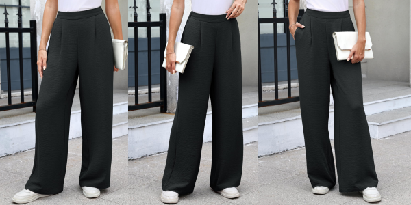 A collage of a woman wearing black pants