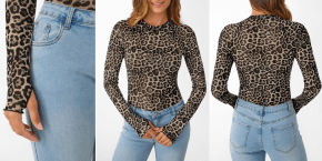 A collage of a woman wearing a leopard print shirt