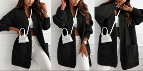 A collage of a woman wearing a black coat