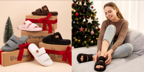A woman wearing slippers and a christmas tree