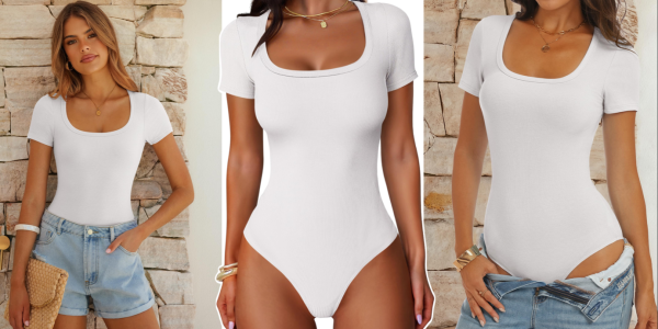 A collage of a woman wearing a white bodysuit