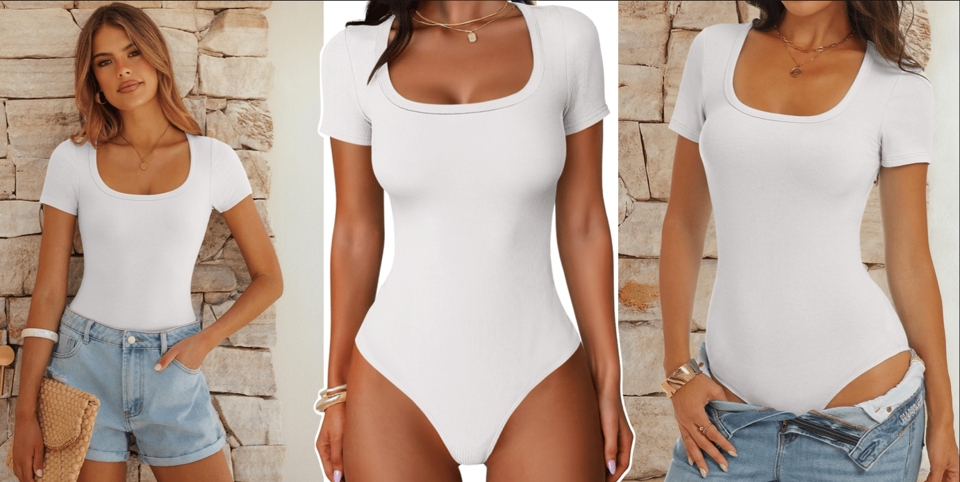 A collage of a woman wearing a white bodysuit
