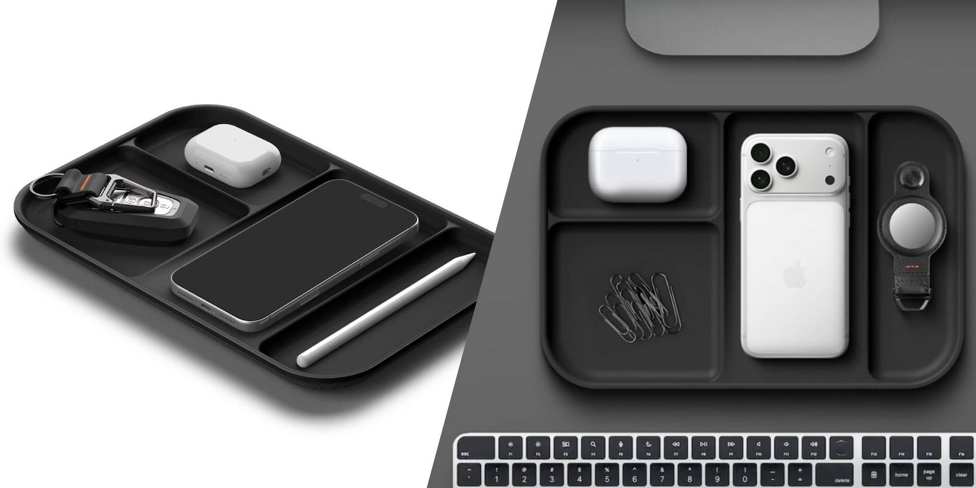 A black tray with a white cell phone and a pen and paper clips