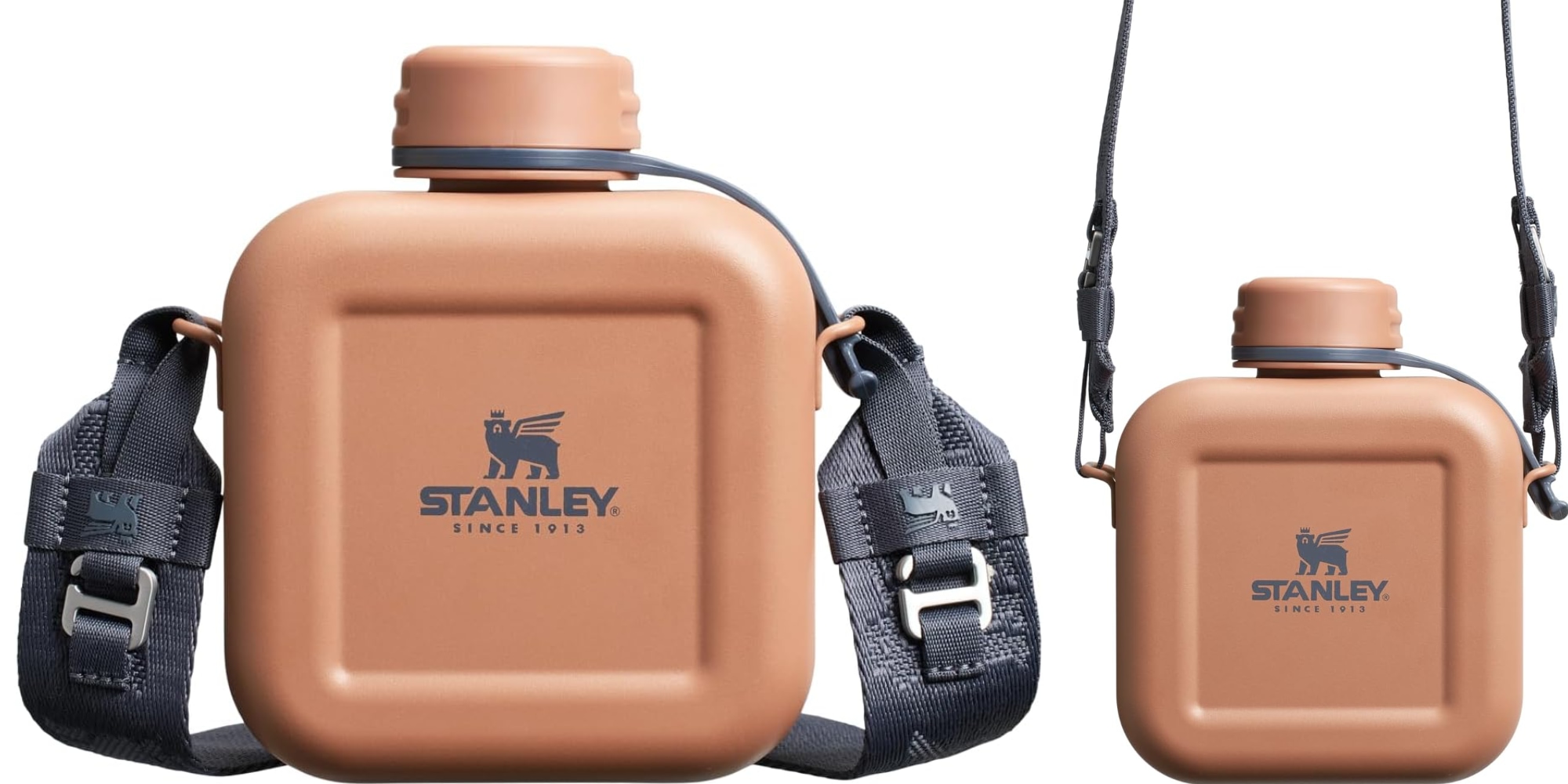 A plastic water bottle with a strap