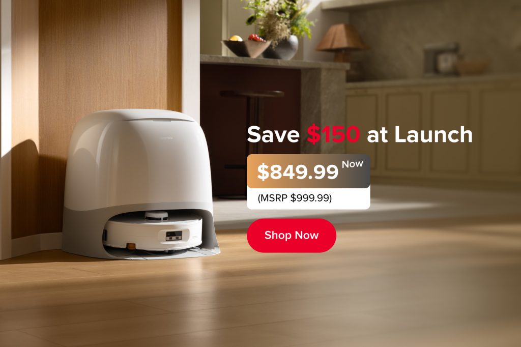 A white robot vacuum cleaner on a wood floor