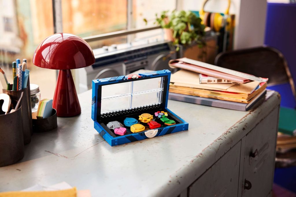 A blue box with colorful objects in it