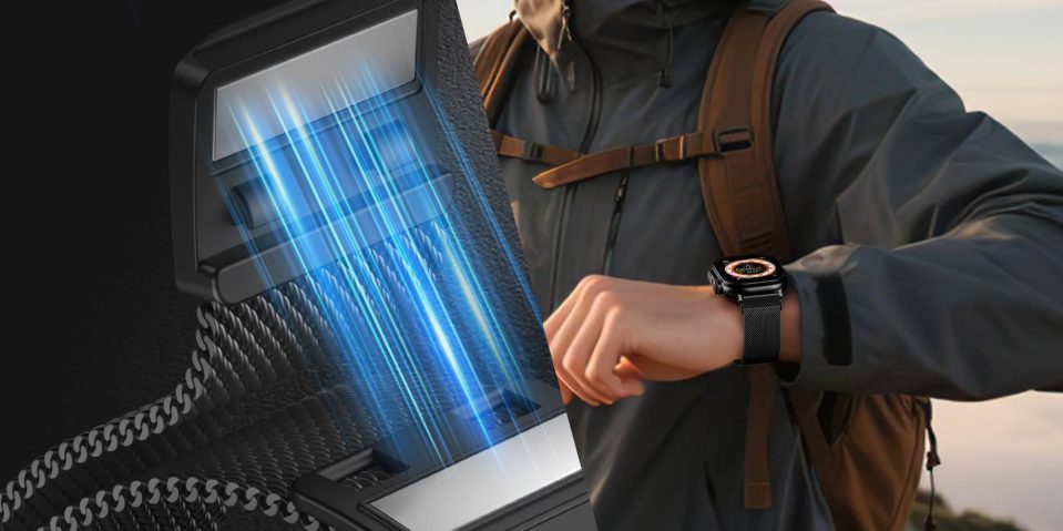 A person wearing a backpack and a watch