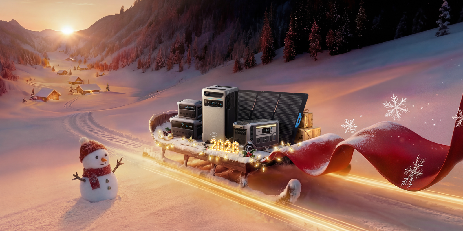 A snowman on a sled with electronics