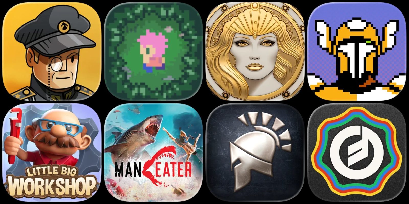 A group of square icons with images of a woman and a shark