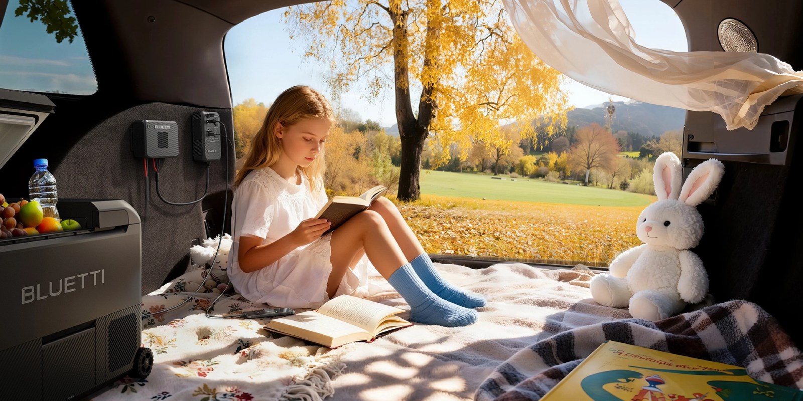 A girl reading a book in a car