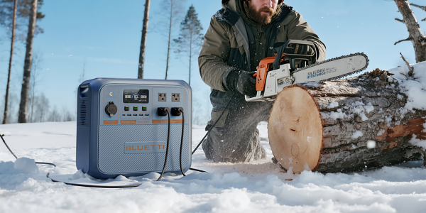 A man with a chainsaw and a log in the snow