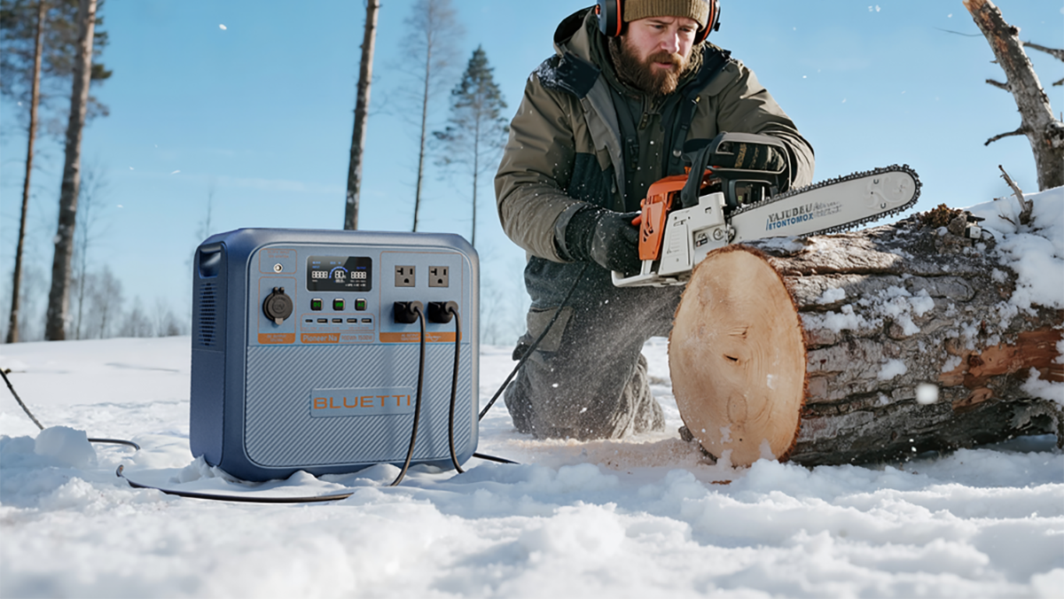 A man with a chainsaw and a log in the snow
