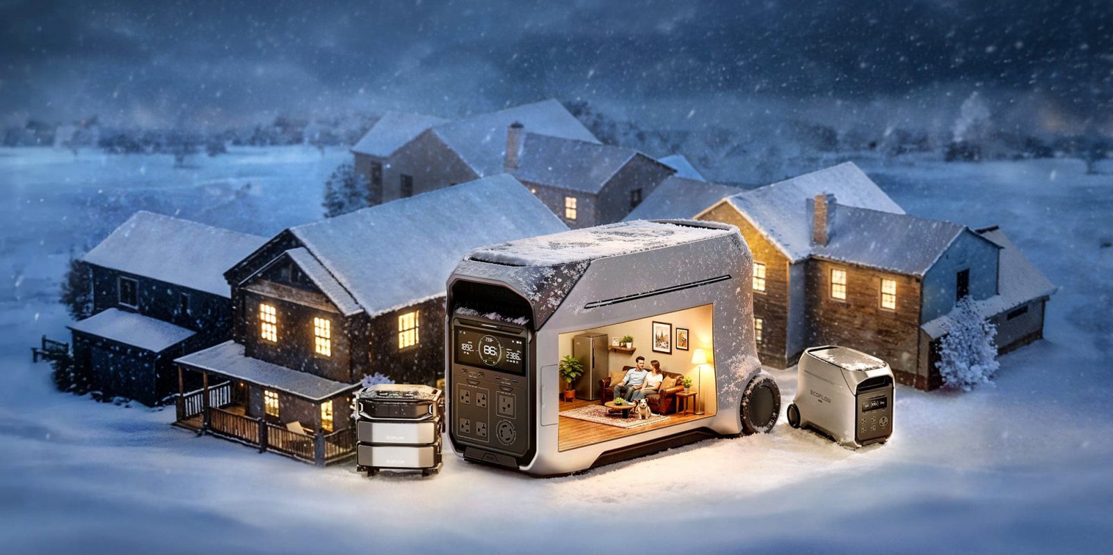 A small house with a small car and a small house in the snow