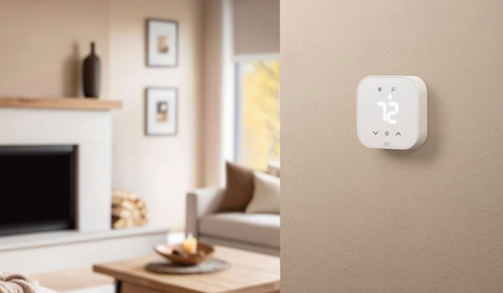 A white digital thermostat on a wall in a living room