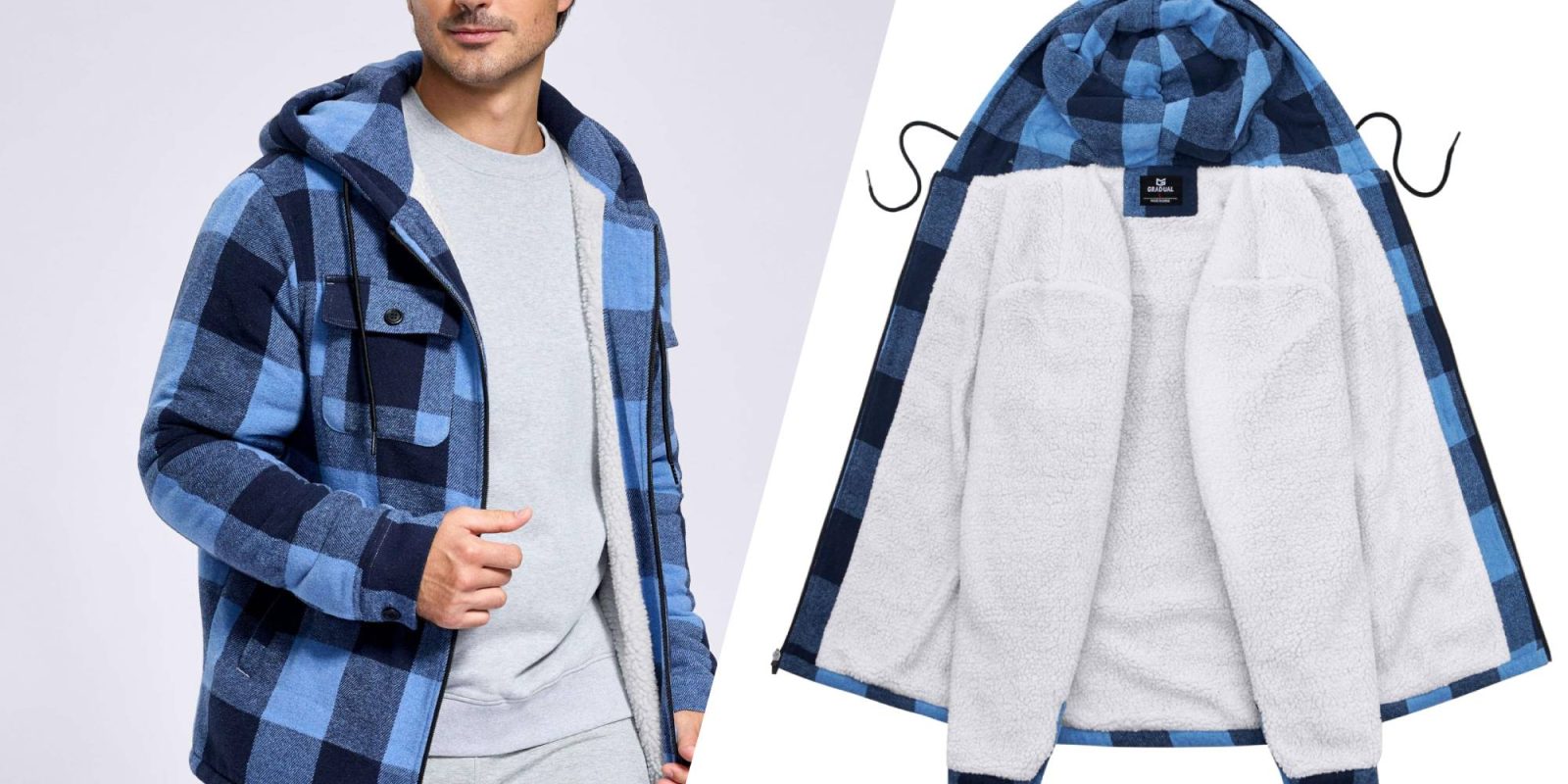 A man wearing a blue and white plaid jacket