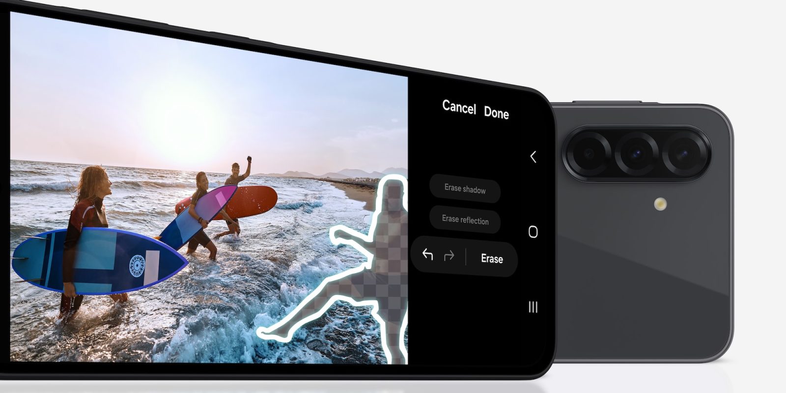 A cell phone with a screen showing a picture of a surfer