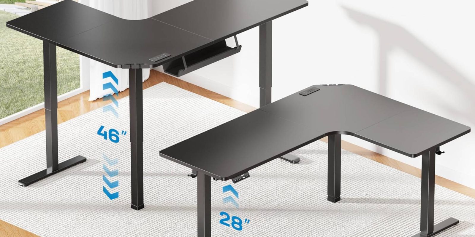 A black desk with a white surface