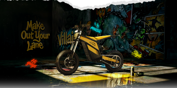 A motorcycle parked in a dirty room