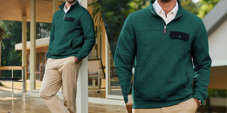 A collage of a man wearing a green jacket