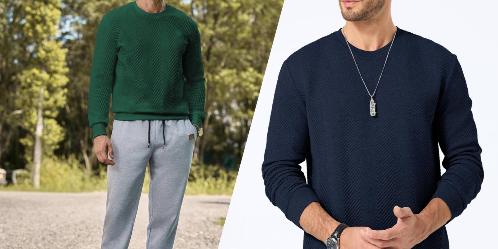 A collage of a man wearing a green sweater and grey sweatpants