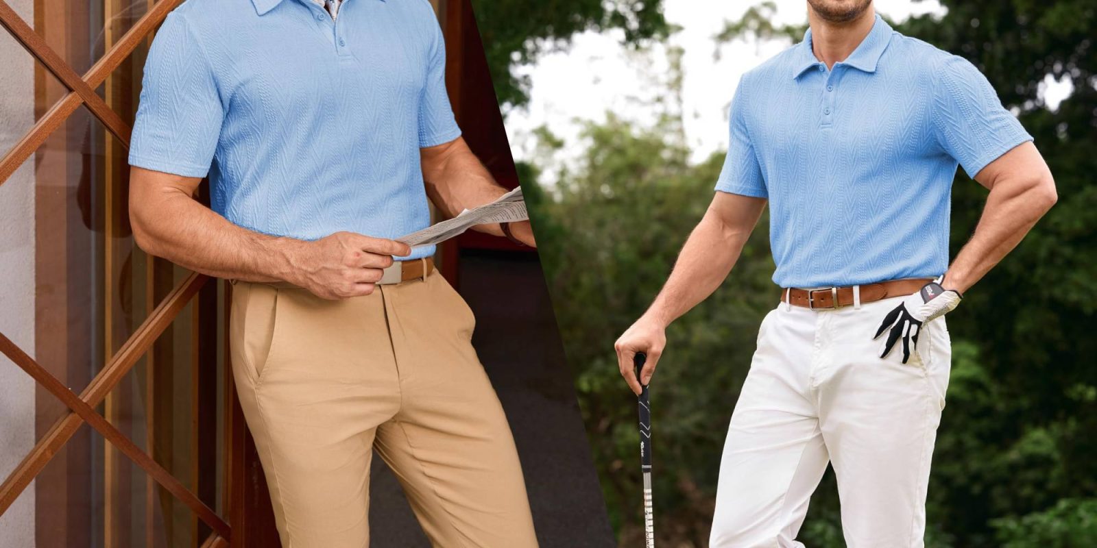 A man wearing a blue shirt and khaki pants