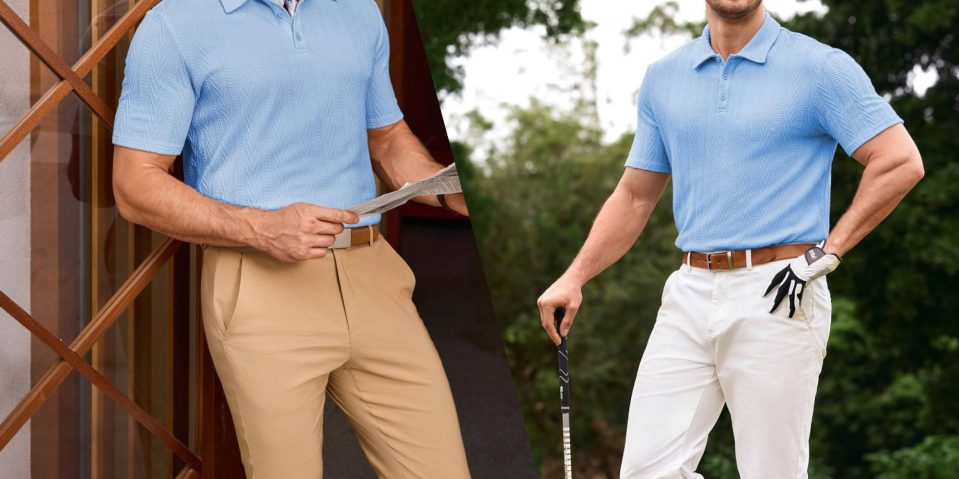 A man wearing a blue shirt and khaki pants