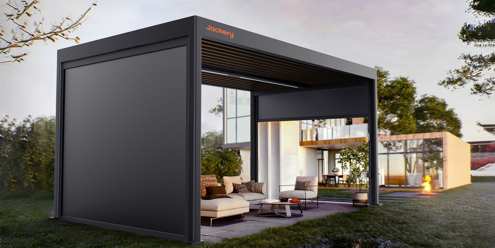 A black rectangular structure with a couch and a table