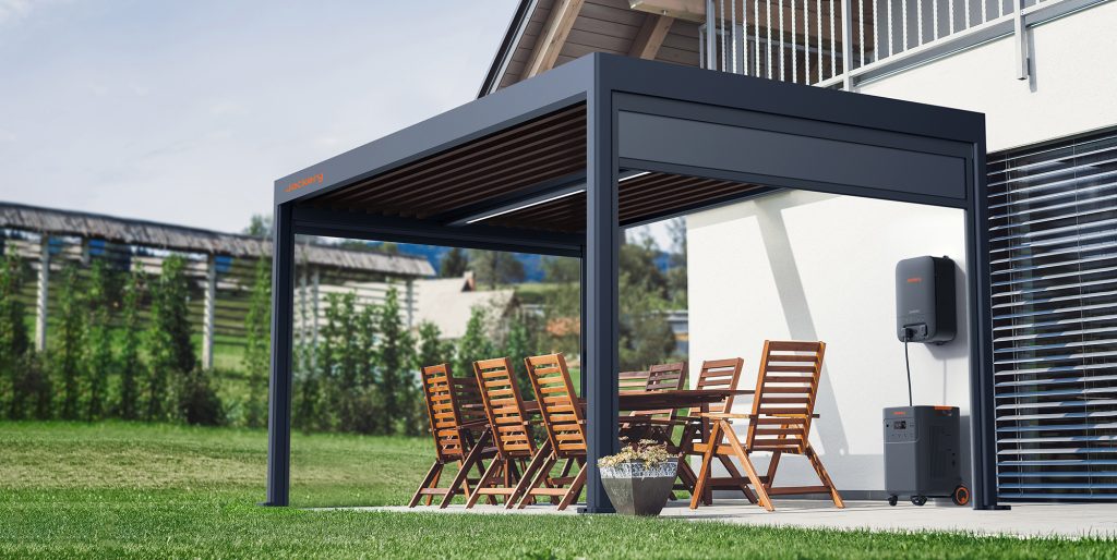 A patio with a table and chairs