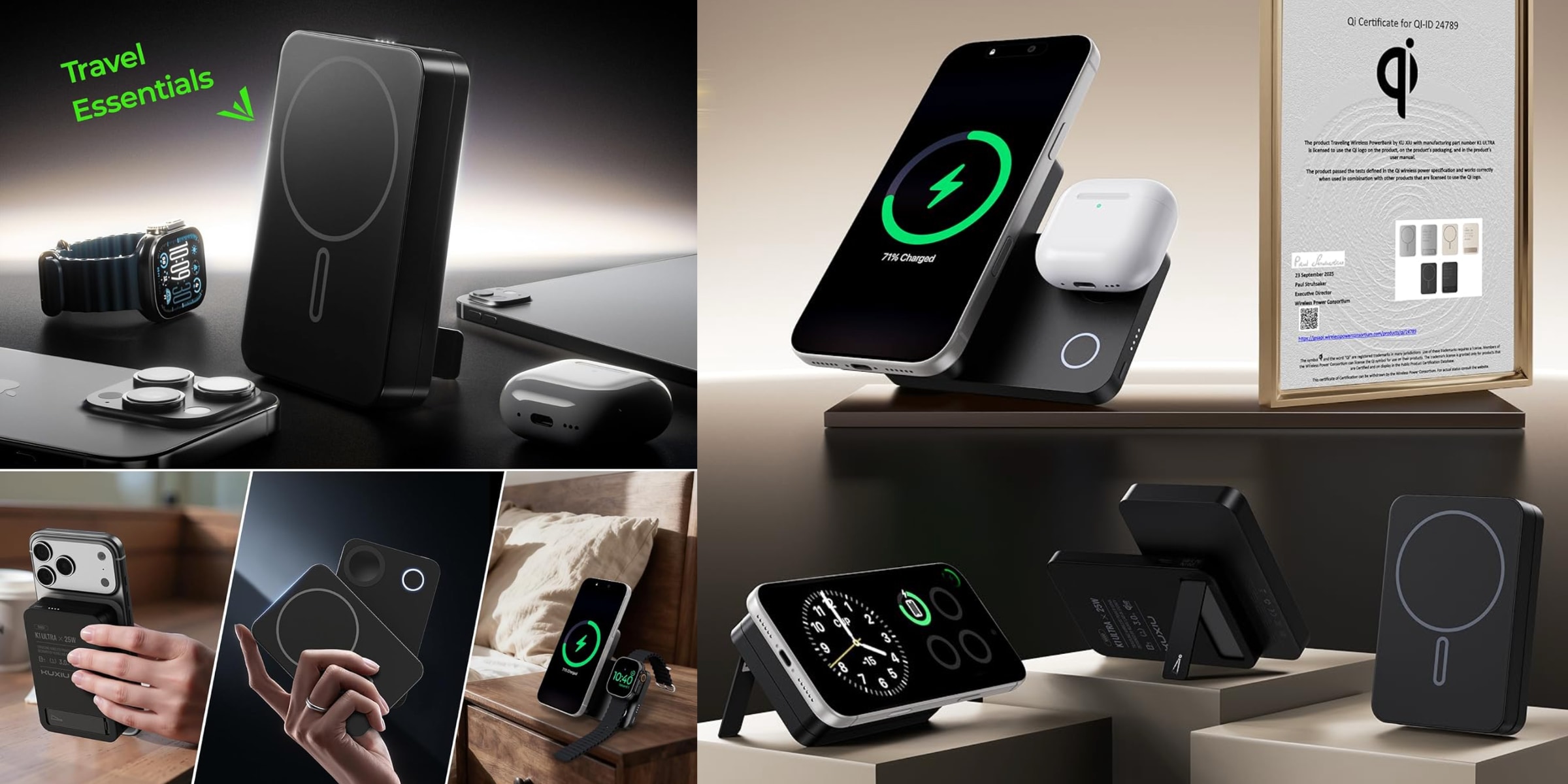 A collage of a smart phone and a charger