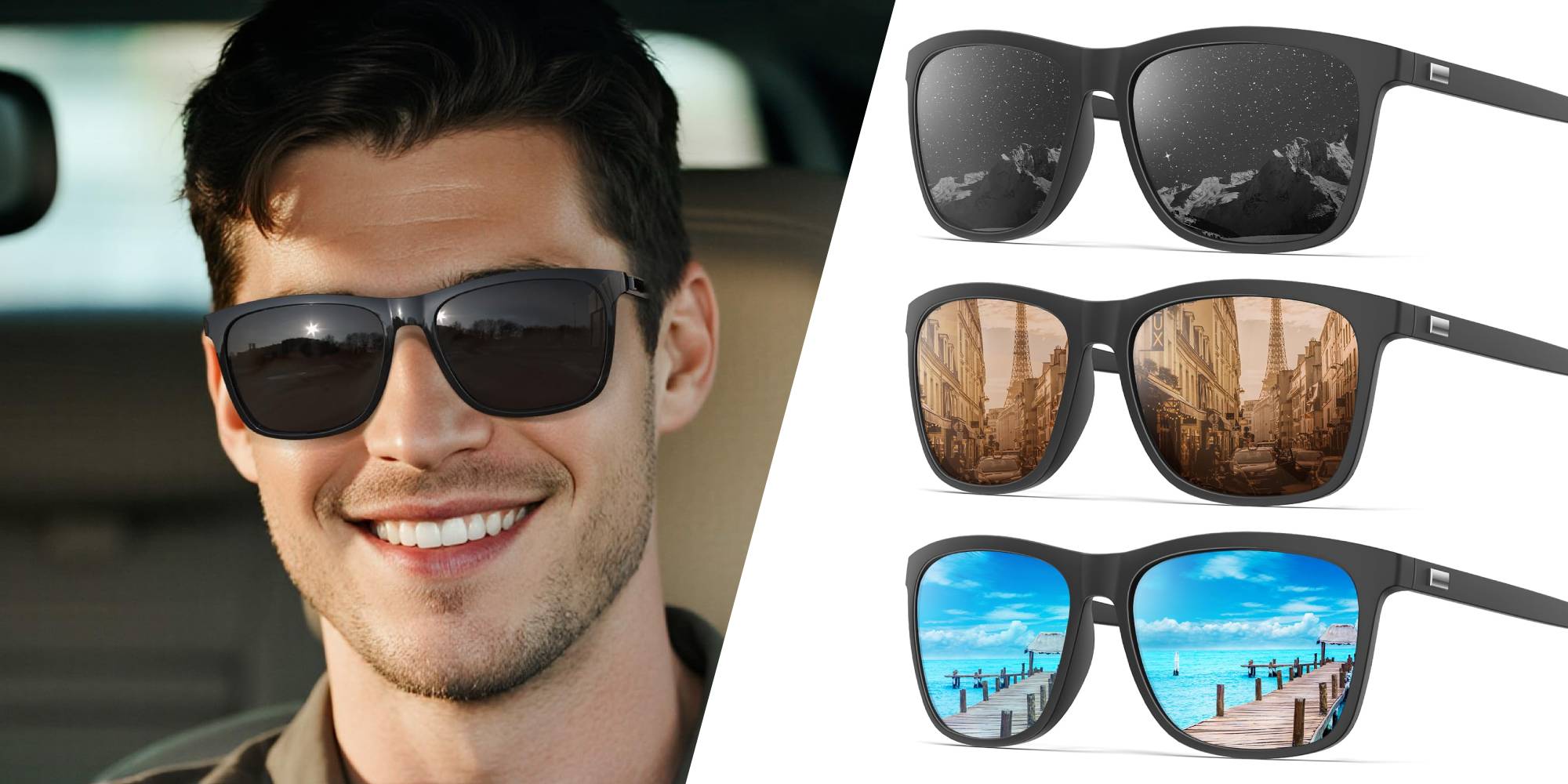 A man wearing sunglasses with different images of the same picture