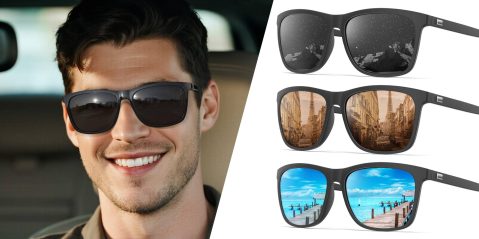 A man wearing sunglasses with different images of the same picture