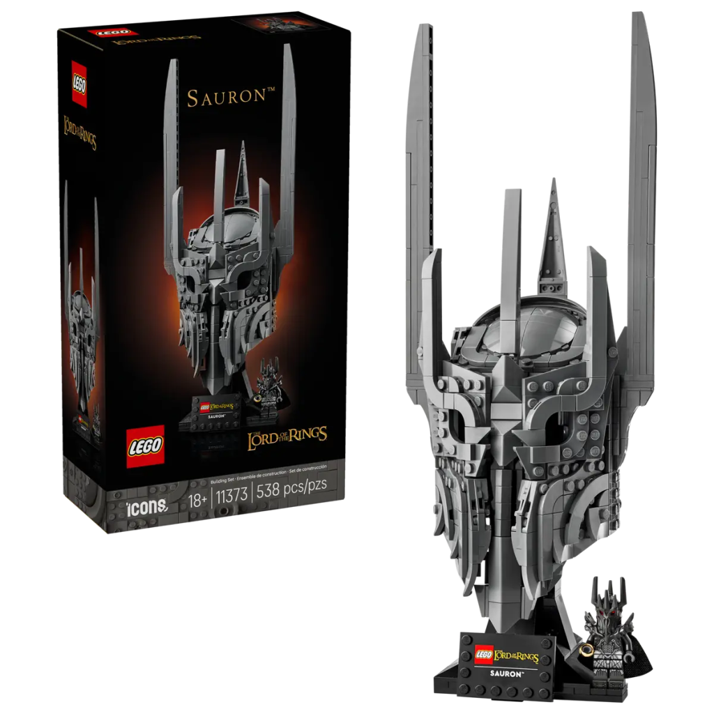A toy box and a model of LEGO Sauron's Helmet