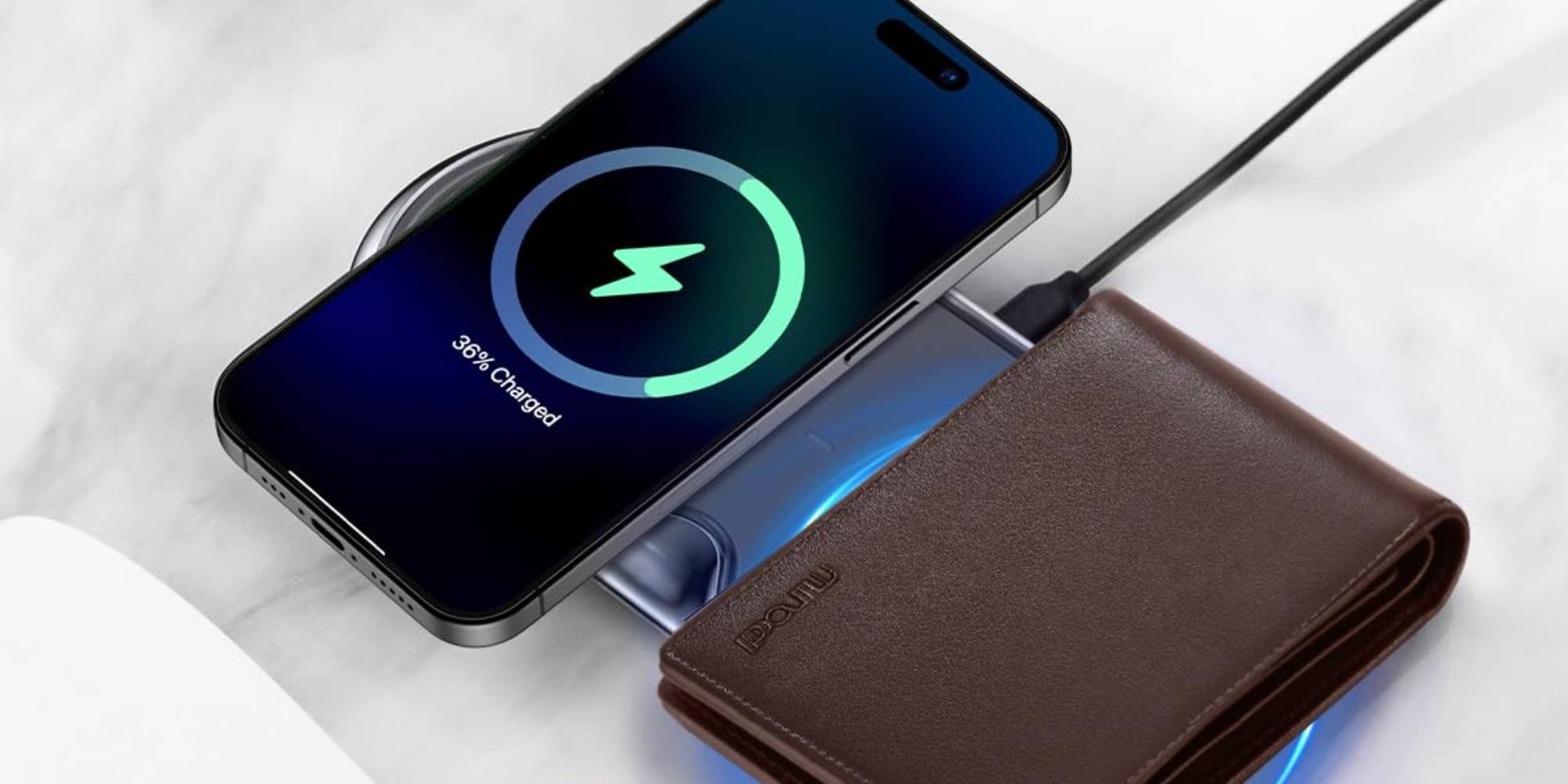 A phone charging on a wireless charger
