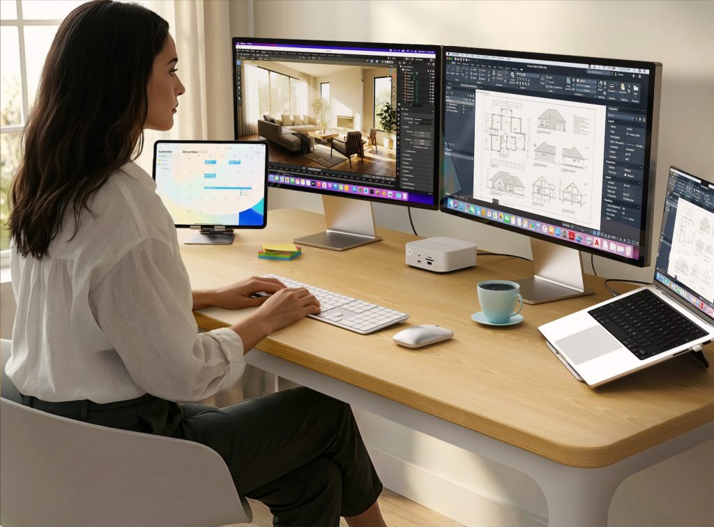 A woman sitting at a desk with multiple computer screens