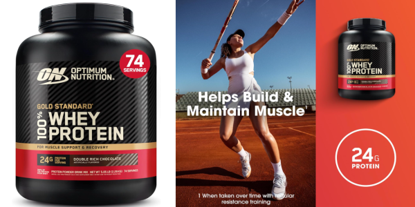 A bottle of protein powder and a woman playing tennis