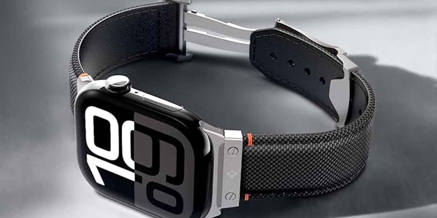 A smart watch with a black band