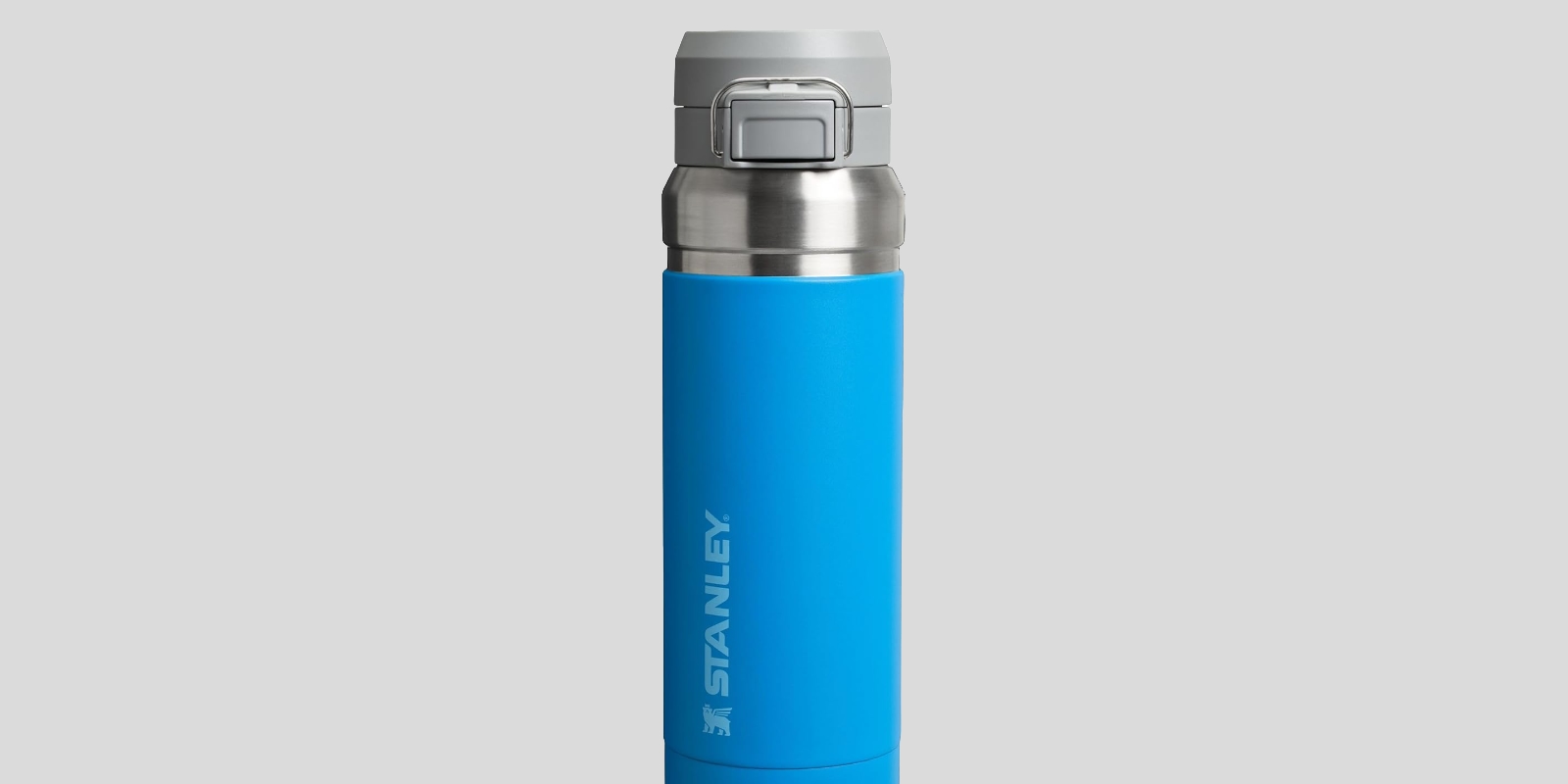 A blue and silver water bottle