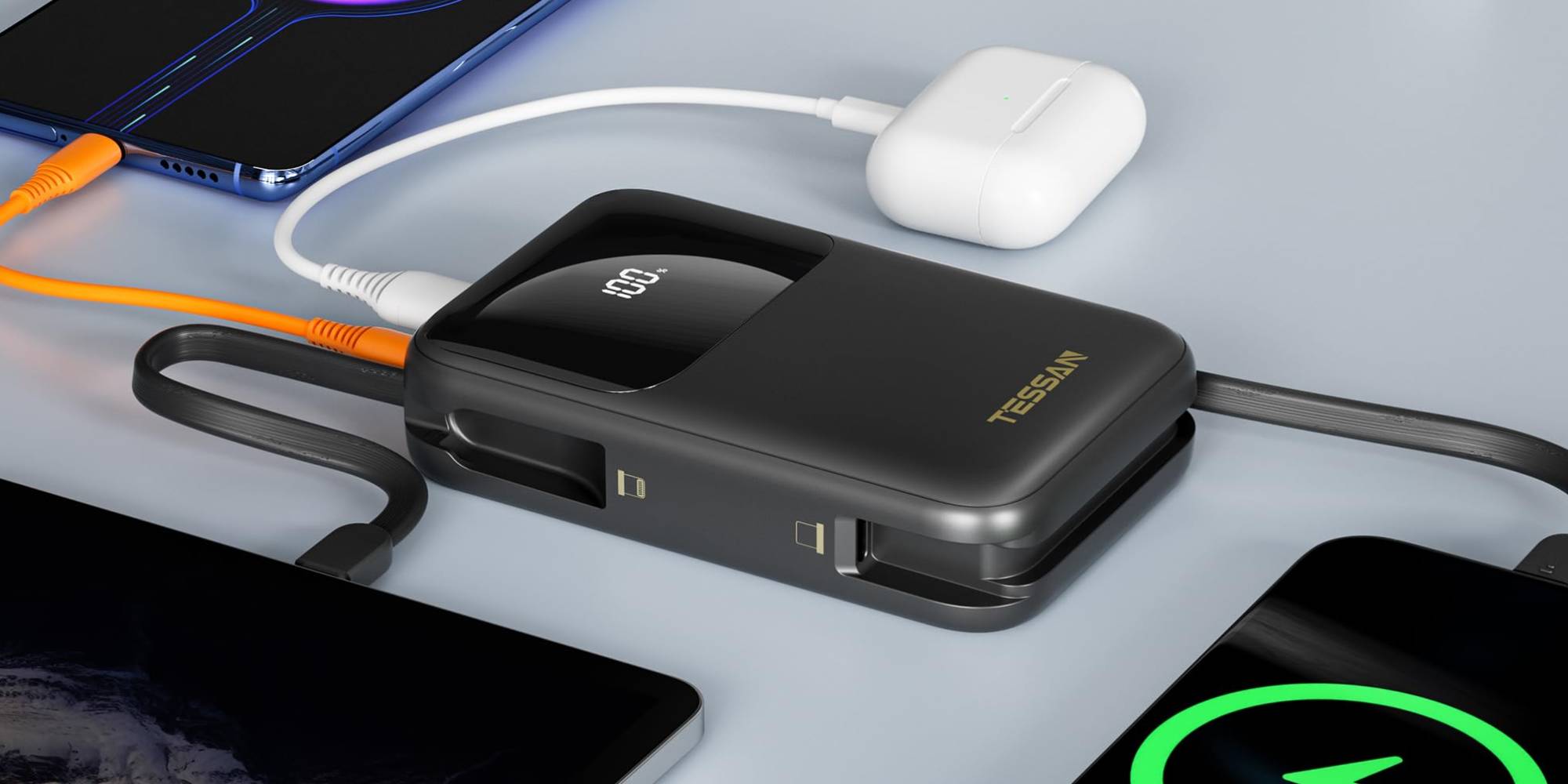 A black device with a white cord