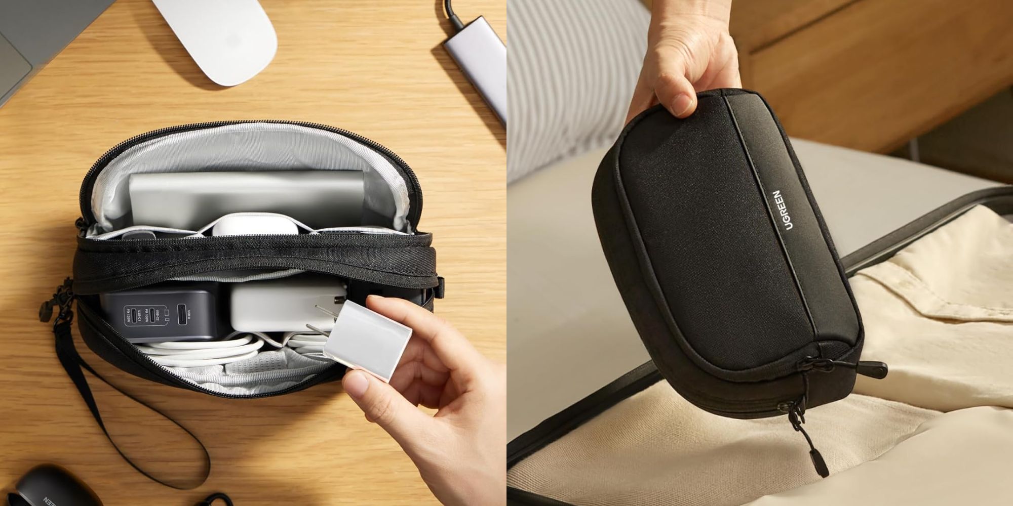 A hand holding a bag with a power bank and a charging cable