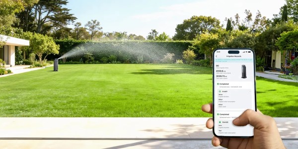 A person holding a phone with a sprinkler spraying water on a lawn
