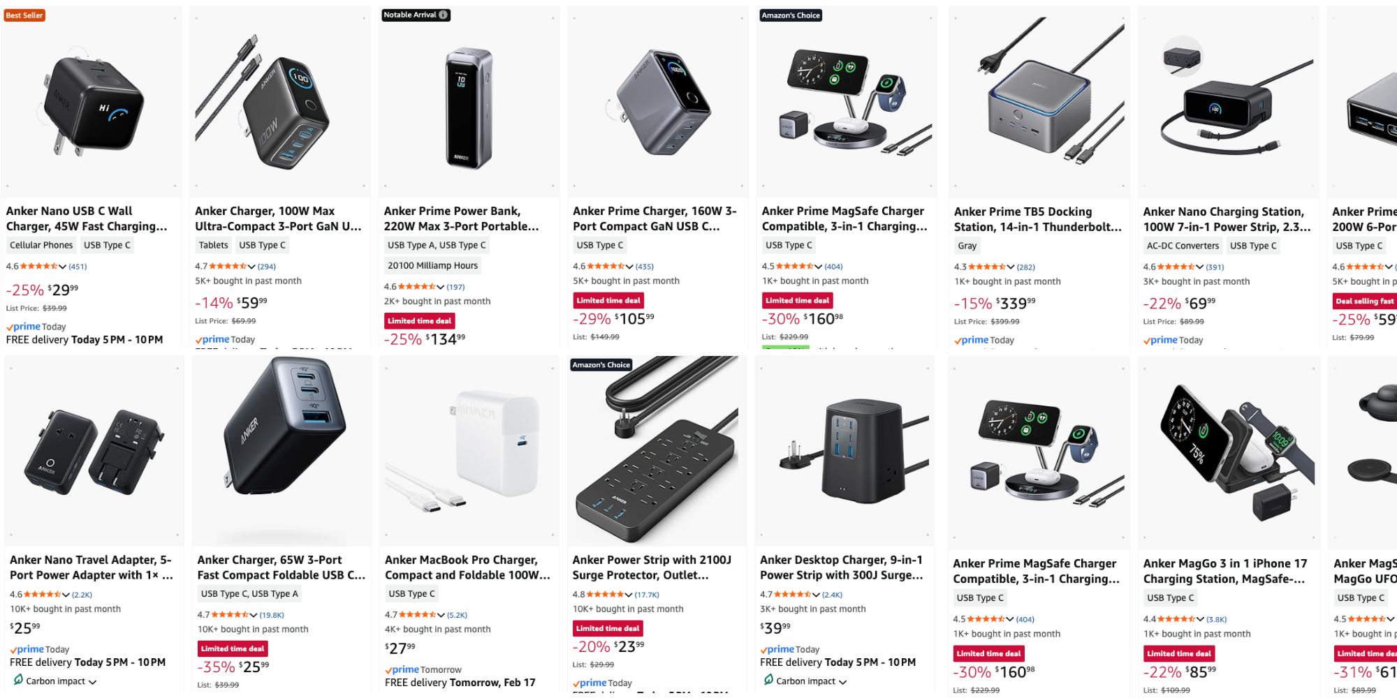 Image showing listings from Anker's Presidents Day sale.